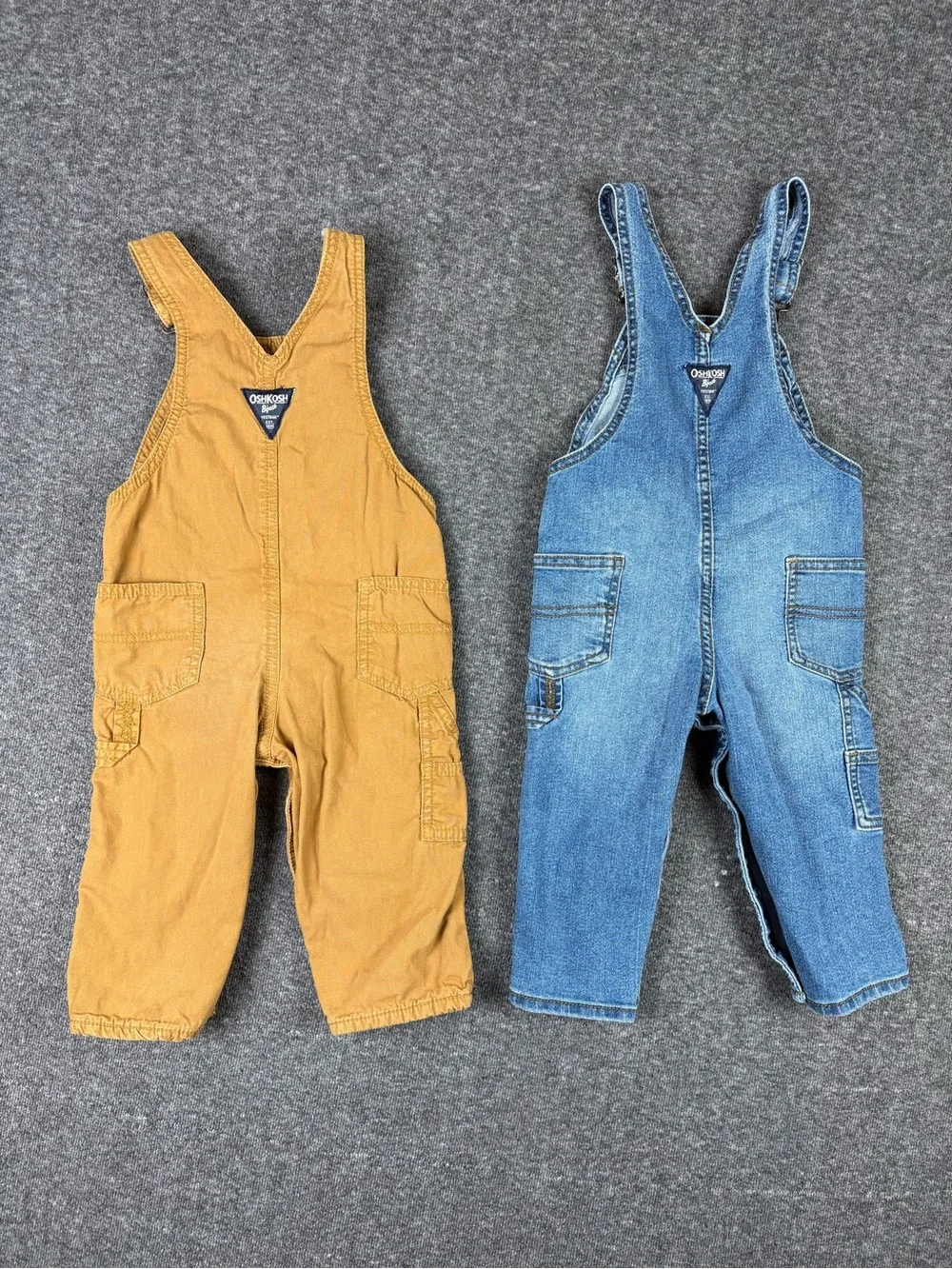 ⁠Bundle OshKosh B'Gosh Boys 18M Denim & Tan Canvas Flannel Lined Overalls Lot 2
